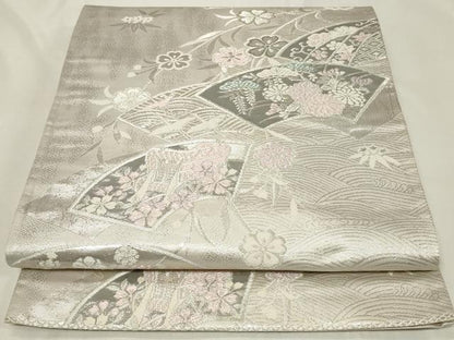 平和屋着物◎六通柄袋帯 唐織 地紙御所車花文 藤花房 プラチナ箔 正絹 逸品 CAAZ7710in
