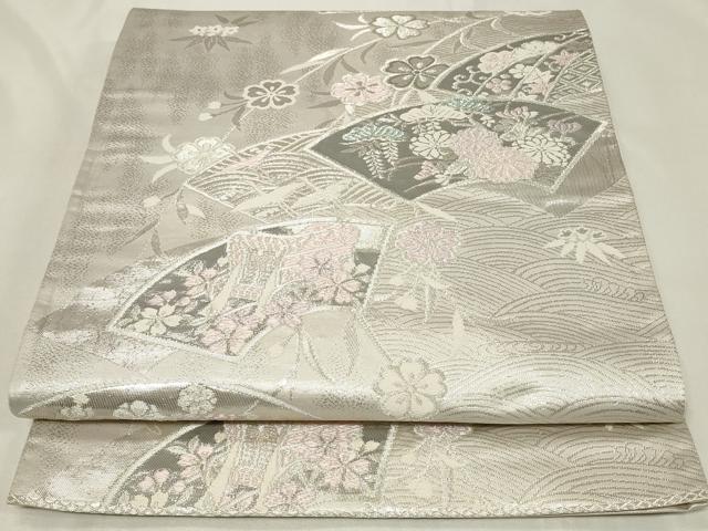 平和屋着物◎六通柄袋帯 唐織 地紙御所車花文 藤花房 プラチナ箔 正絹 逸品 CAAZ7710in