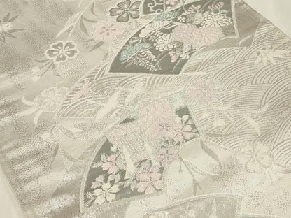 平和屋着物◎六通柄袋帯 唐織 地紙御所車花文 藤花房 プラチナ箔 正絹 逸品 CAAZ7710in