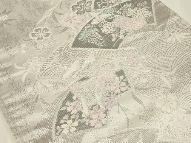 平和屋着物◎六通柄袋帯 唐織 地紙御所車花文 藤花房 プラチナ箔 正絹 逸品 CAAZ7710in