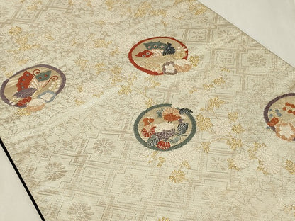 平和屋着物◎六通柄袋帯　唐織　花蝶丸文　金糸　正絹　逸品　CAAZ7723in