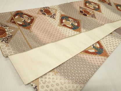 平和屋着物◎六通柄袋帯　唐織　菱双鶴花文　金糸　正絹　逸品　CAAZ7727in