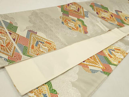 平和屋着物◎六通柄袋帯　唐織　雲取り菱双鶴文　金銀糸　正絹　逸品　CAAZ7730in
