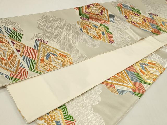 平和屋着物◎六通柄袋帯　唐織　雲取り菱双鶴文　金銀糸　正絹　逸品　CAAZ7730in