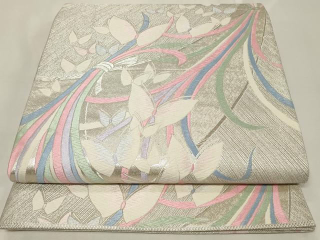 平和屋着物◎六通柄袋帯 唐織 束ね熨斗舞蝶文 銀糸 正絹 逸品 CAAZ7731in
