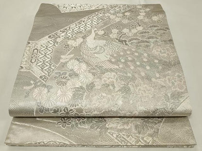 平和屋着物◎六通柄袋帯　蜀甲扇面花鳥文　プラチナ箔　正絹　逸品　CAAZ7751in