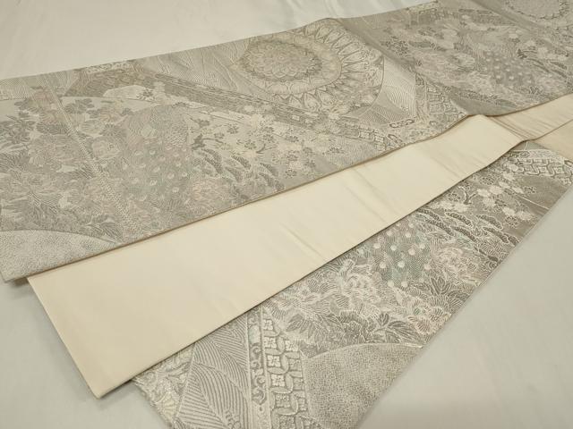 平和屋着物◎六通柄袋帯　蜀甲扇面花鳥文　プラチナ箔　正絹　逸品　CAAZ7751in