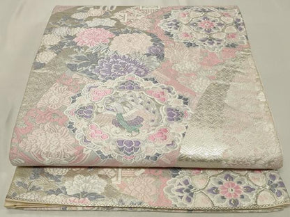 平和屋着物◎六通柄袋帯　唐織　孔雀正倉院花文　銀糸　正絹　逸品　CAAZ7752in
