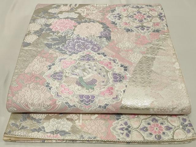 平和屋着物◎六通柄袋帯　唐織　孔雀正倉院花文　銀糸　正絹　逸品　CAAZ7752in