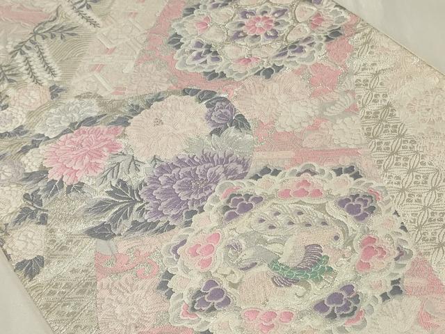 平和屋着物◎六通柄袋帯　唐織　孔雀正倉院花文　銀糸　正絹　逸品　CAAZ7752in