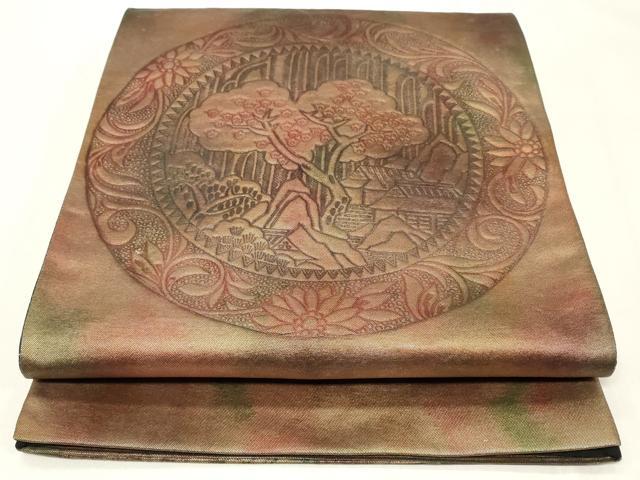 平和屋着物◎太鼓柄袋帯　風景花丸文　正絹　逸品　CAAZ7773in