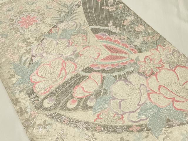 平和屋着物◎六通柄袋帯　唐織　正倉院花蝶文　銀糸　正絹　逸品　CAAZ7775in