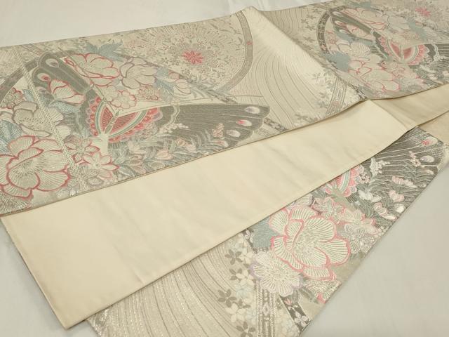 平和屋着物◎六通柄袋帯　唐織　正倉院花蝶文　銀糸　正絹　逸品　CAAZ7775in