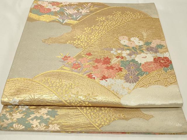 平和屋着物◎六通柄袋帯　唐織　遠山草花文　金銀糸　正絹　逸品　CAAZ7780in