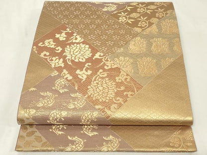 平和屋着物◎六通柄袋帯　檜垣動物花文　花うさぎ　荒磯　金糸　正絹　逸品　CAAZ7796in