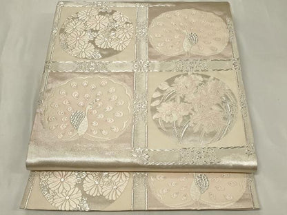 平和屋着物◎六通柄袋帯　唐織　天井孔雀花丸文　銀糸　正絹　逸品　CAAZ7830in