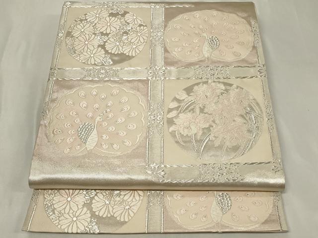 平和屋着物◎六通柄袋帯　唐織　天井孔雀花丸文　銀糸　正絹　逸品　CAAZ7830in