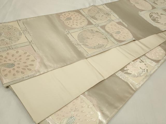平和屋着物◎六通柄袋帯　唐織　天井孔雀花丸文　銀糸　正絹　逸品　CAAZ7830in