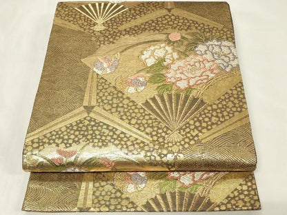 平和屋着物◎佐賀錦 六通柄袋帯 扇面鴛鴦花文 金糸 正絹 逸品 CAAZ7862in