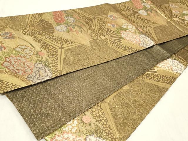 平和屋着物◎佐賀錦 六通柄袋帯 扇面鴛鴦花文 金糸 正絹 逸品 CAAZ7862in