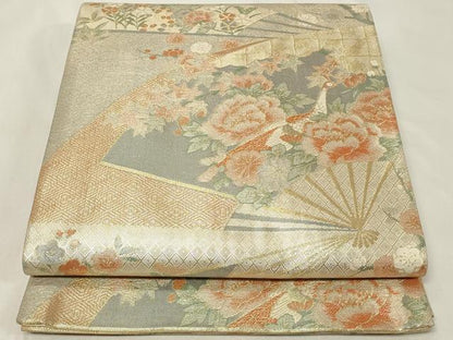 平和屋着物◎宝珠本佐賀錦　六通柄袋帯　扇面孔雀花文　金糸　正絹　逸品　CAAZ7868in