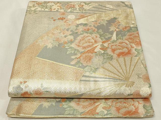 平和屋着物◎宝珠本佐賀錦　六通柄袋帯　扇面孔雀花文　金糸　正絹　逸品　CAAZ7868in