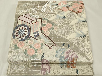 平和屋着物◎六通柄袋帯 御所車人物花文 鶴 プラチナ箔 正絹 逸品 CAAZ7872in