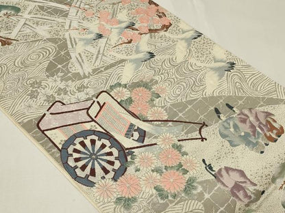 平和屋着物◎六通柄袋帯 御所車人物花文 鶴 プラチナ箔 正絹 逸品 CAAZ7872in