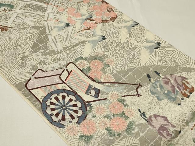 平和屋着物◎六通柄袋帯 御所車人物花文 鶴 プラチナ箔 正絹 逸品 CAAZ7872in