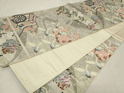 平和屋着物◎六通柄袋帯 御所車人物花文 鶴 プラチナ箔 正絹 逸品 CAAZ7872in