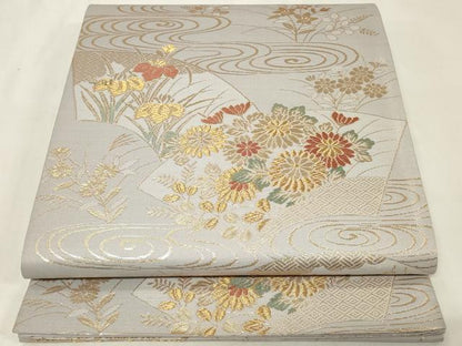 平和屋着物◎六通柄袋帯 唐織 地紙流水花文 金糸 正絹 逸品 CAAZ7936in