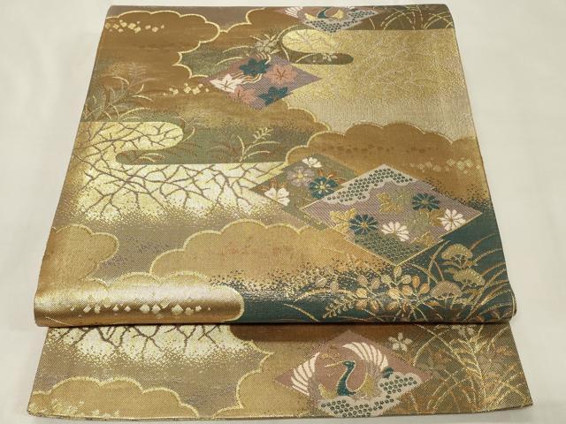 平和屋着物◎六通柄袋帯 松皮菱鳳凰花蝶文 金糸 正絹 逸品 CAAZ7937in