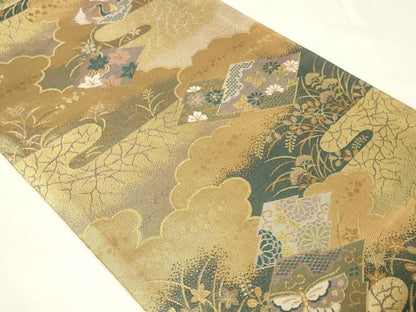平和屋着物◎六通柄袋帯 松皮菱鳳凰花蝶文 金糸 正絹 逸品 CAAZ7937in