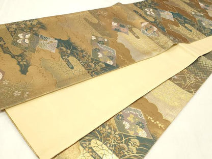 平和屋着物◎六通柄袋帯 松皮菱鳳凰花蝶文 金糸 正絹 逸品 CAAZ7937in