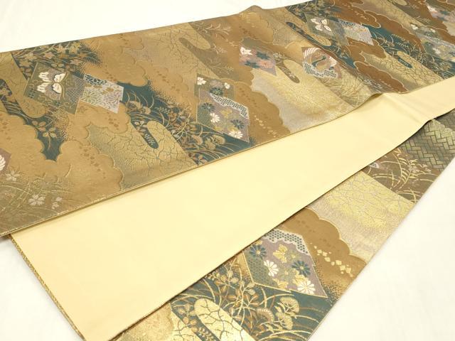 平和屋着物◎六通柄袋帯 松皮菱鳳凰花蝶文 金糸 正絹 逸品 CAAZ7937in