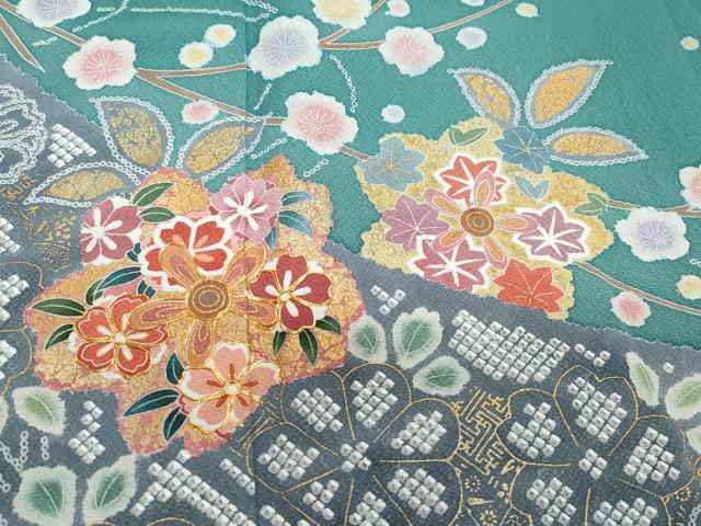 平和屋着物○十日町友禅作家 松雨 訪問着 駒刺繍 草花文 金彩