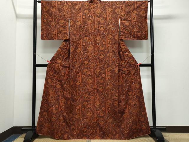 平和屋着物●上質な小紋 紬地 動物更紗花唐草文 正絹 逸品 CAAZ8061vf