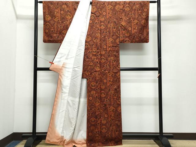 平和屋着物●上質な小紋 紬地 動物更紗花唐草文 正絹 逸品 CAAZ8061vf