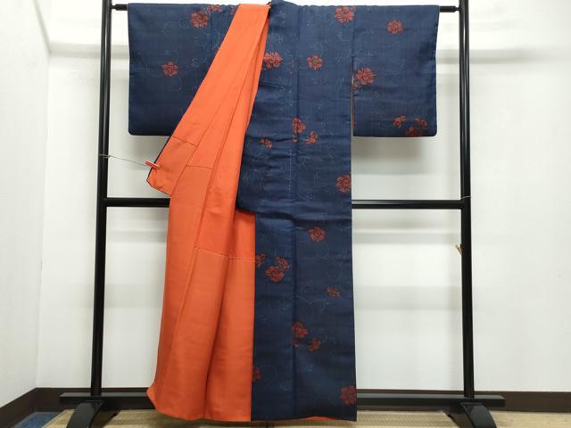 平和屋着物●上質な小紋 生紬 型染め 花唐草文 正絹 逸品 CAAZ8073vf