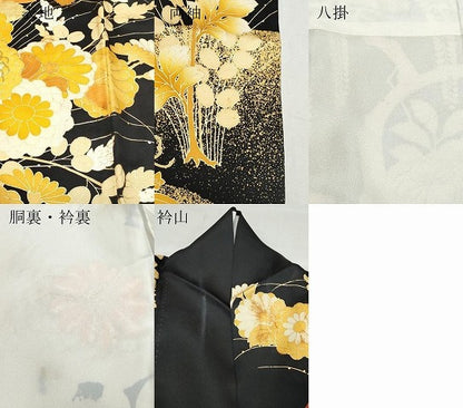 平和屋着物●豪華振袖 駒刺繍 草花文 黒地 金銀彩 正絹 逸品 CAAZ8095vf