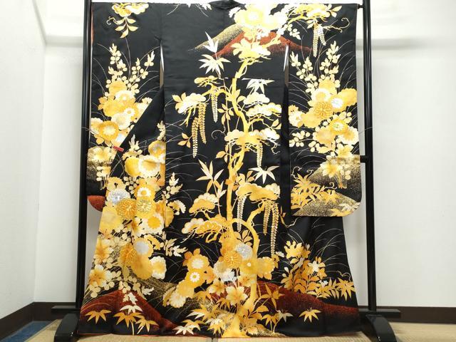 平和屋着物●豪華振袖 駒刺繍 草花文 黒地 金銀彩 正絹 逸品 CAAZ8095vf