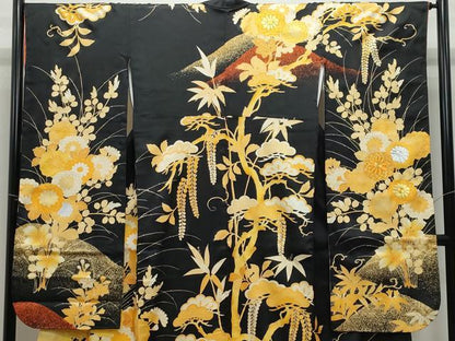 平和屋着物●豪華振袖 駒刺繍 草花文 黒地 金銀彩 正絹 逸品 CAAZ8095vf