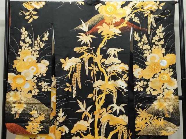 平和屋着物●豪華振袖 駒刺繍 草花文 黒地 金銀彩 正絹 逸品 CAAZ8095vf