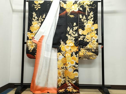 平和屋着物●豪華振袖 駒刺繍 草花文 黒地 金銀彩 正絹 逸品 CAAZ8095vf