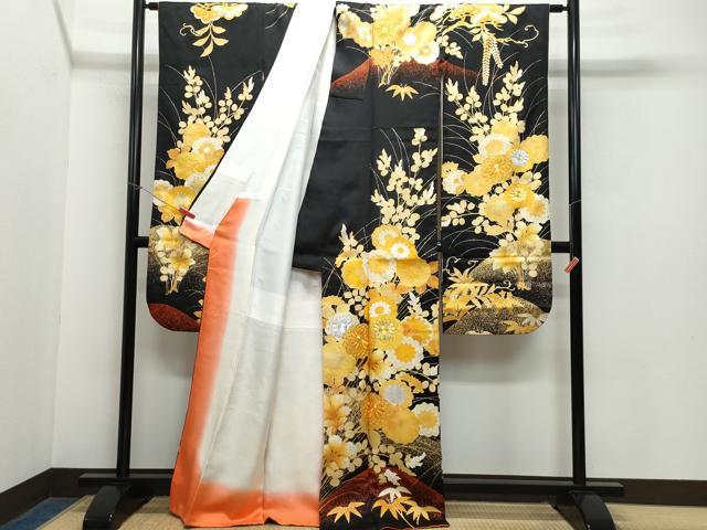 平和屋着物●豪華振袖 駒刺繍 草花文 黒地 金銀彩 正絹 逸品 CAAZ8095vf