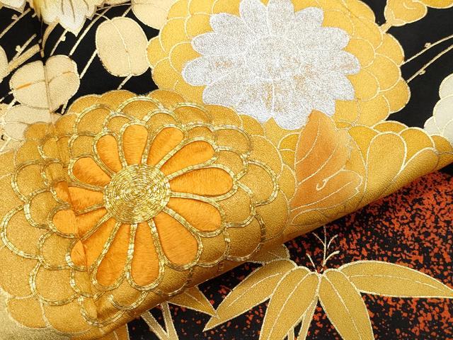 平和屋着物●豪華振袖 駒刺繍 草花文 黒地 金銀彩 正絹 逸品 CAAZ8095vf