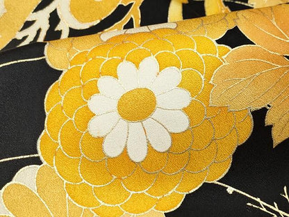 平和屋着物●豪華振袖 駒刺繍 草花文 黒地 金銀彩 正絹 逸品 CAAZ8095vf