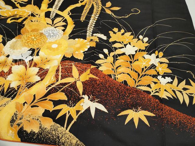 平和屋着物●豪華振袖 駒刺繍 草花文 黒地 金銀彩 正絹 逸品 CAAZ8095vf