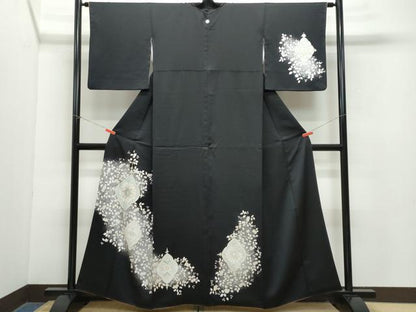 平和屋着物●訪問着 吉祥花文 たたき染め 黒地 金彩 正絹 逸品 CAAZ8114vf