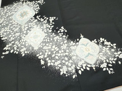 平和屋着物●訪問着 吉祥花文 たたき染め 黒地 金彩 正絹 逸品 CAAZ8114vf